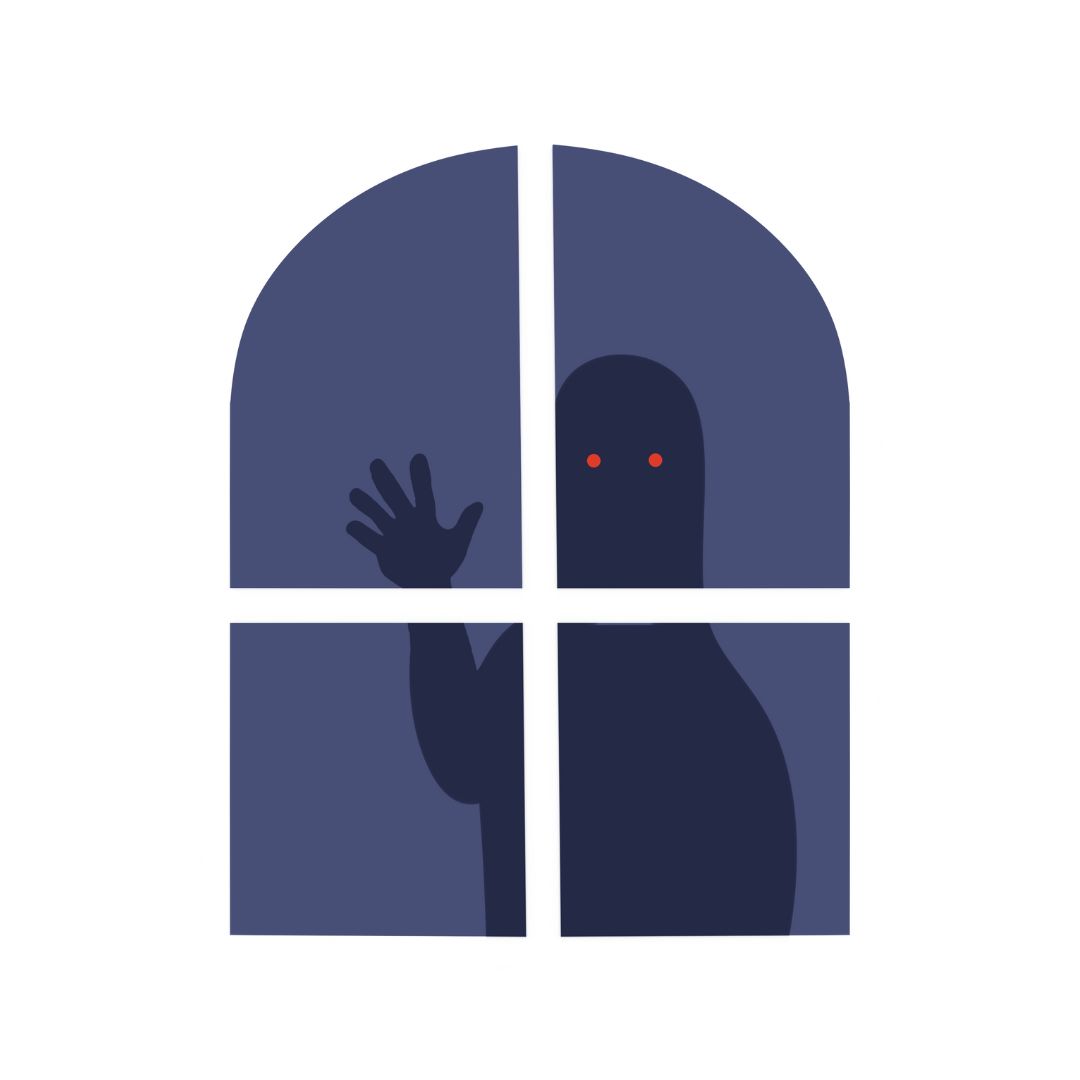 a ghostly silhouette with red eyes waving at a window